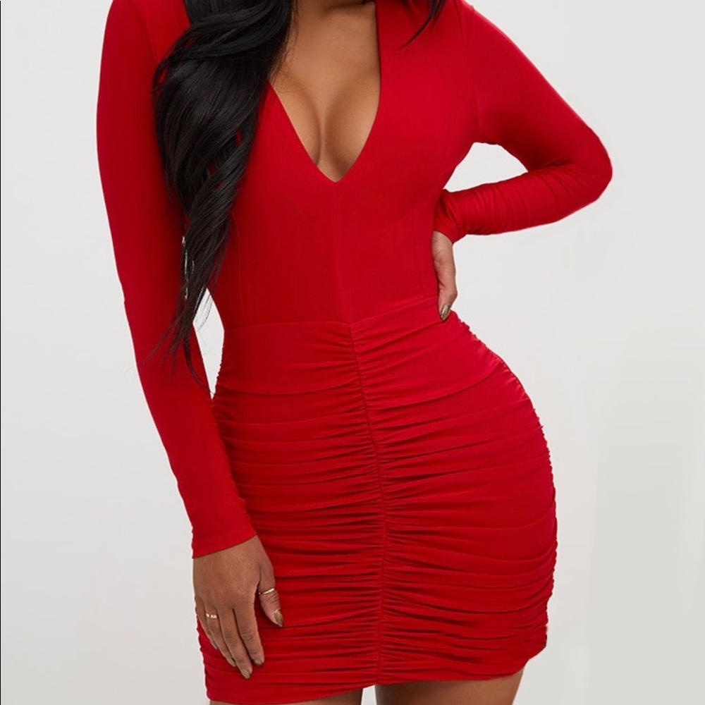 Pretty Little Thing - Red Slinky Ruched Mini Dress